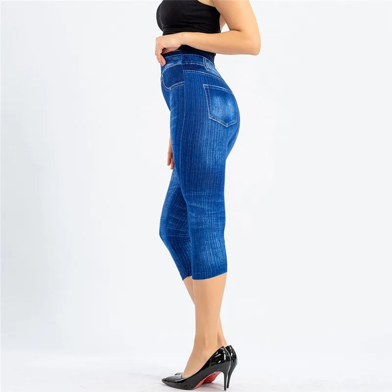 Women Denim Print Leggings Fashion Slim Leggings Faux Jeans Leggings Stretch Printed Short Leggins Pants Summer Clothes