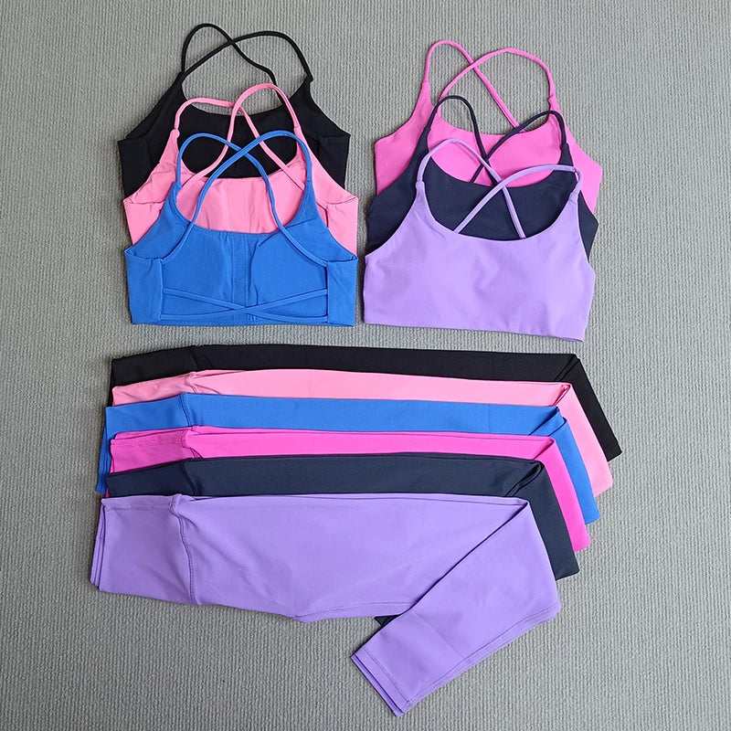 Yoga Clothes Set 2 Pcs Gym Tights Sports Set Women Sweat Bras Tops Compression Leggings Fitness Suit Running Workout Tracksuit