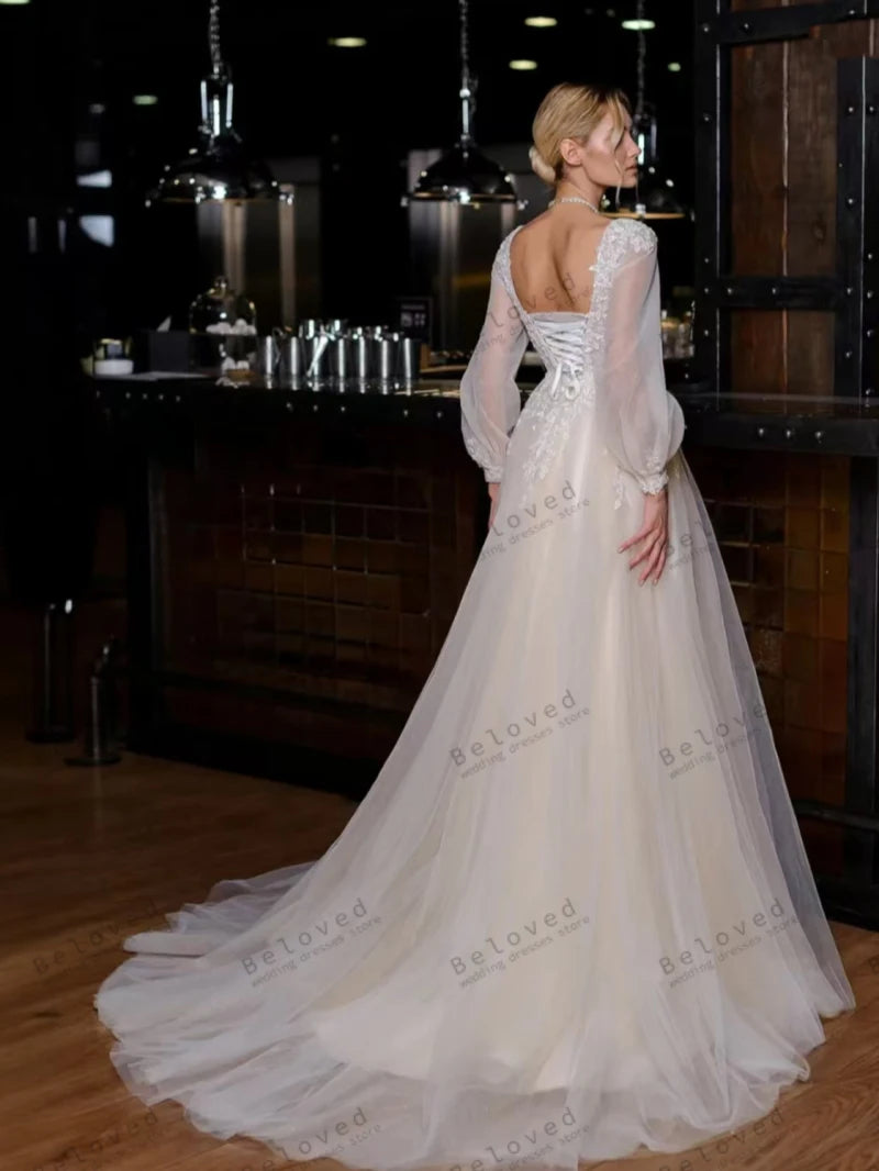 Gorgeous Wedding Dresses Vintage Bridal Gowns Lace Appliques Long Puff Sleeves Robes Backless 2025 Vestidos De Novia Customized