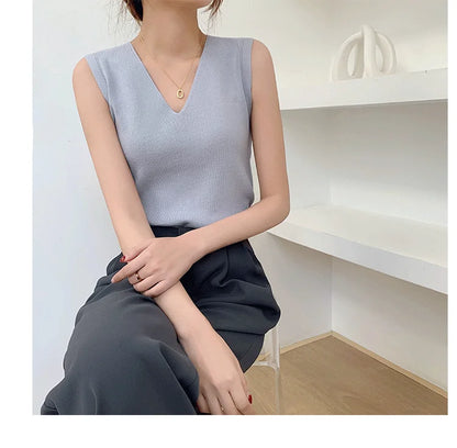 AOSSVIAO 2025 Summer Women Knitted Tank Tops Women Thin Tops Basic Casual Tank Tops V-neck Tees Sleeveless Tops For Women