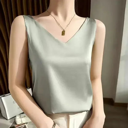 Tank Tops for Women Sleeveless V Neck Satin Silk Camisole 2025 Fashion Summer Solid Loose Vest Ladies Tops Streetwear