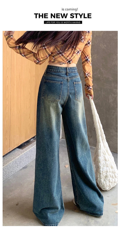 Women's Jeans Denim Pants 2025 Euramerican High Waist Girl Style Jean Trousers Colorful Straight Leg Wide Leg Pants