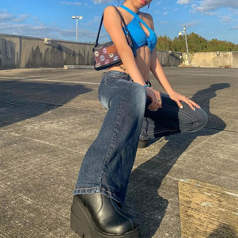 Women Y2K Hip Hop Denim Pants High Waist Relaxed Fit Washed New Fashion Wide Leg Jeans with Flap Pockets