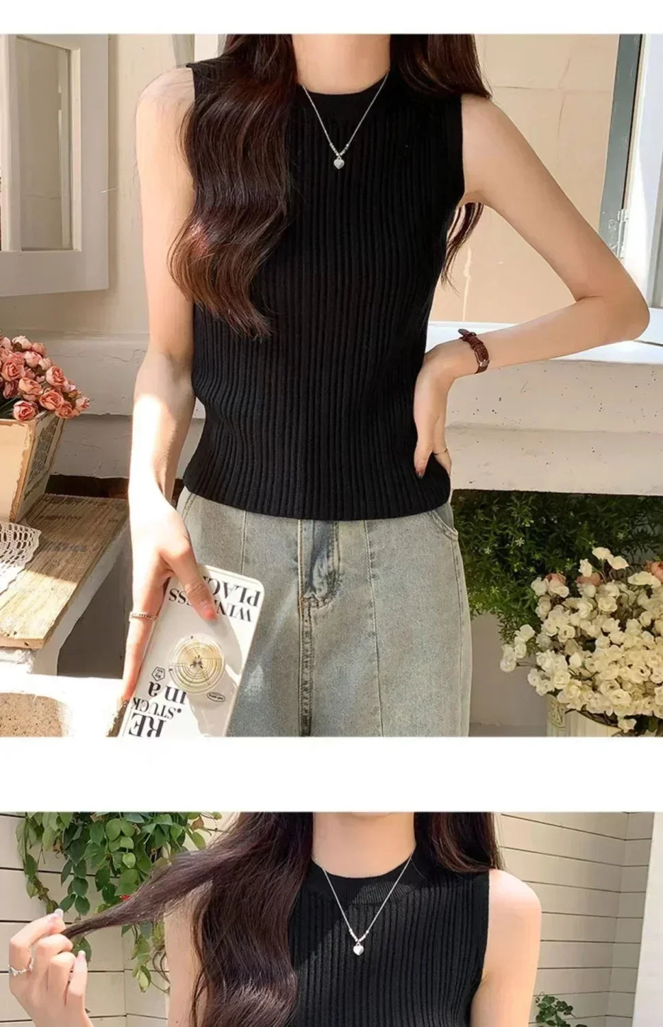 Sleeveless Blouse Shirt Women O-neck Rib Knit Vest Tank Plain Vest Tops Summer Female Basic Casual Tops Outfit