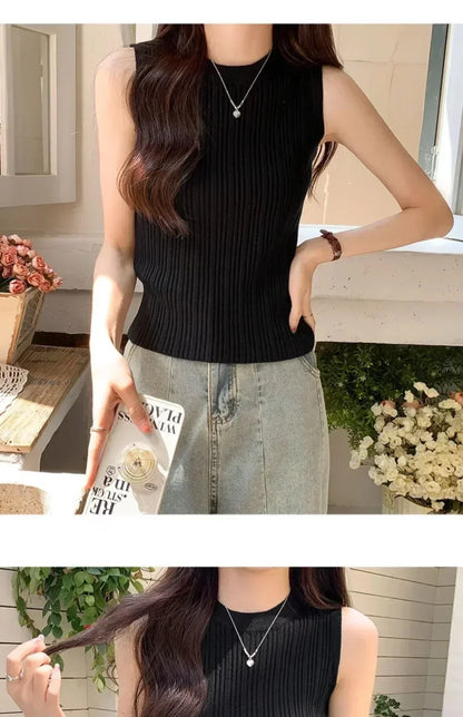 Sleeveless Blouse Shirt Women O-neck Rib Knit Vest Tank Plain Vest Tops Summer Female Basic Casual Tops Outfit