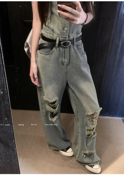Women's Casual Denim Overalls Vintage Button Down Sexy Backless Holes Hollow Out Ripped Denim Full Pants Female 2024 New Jeans