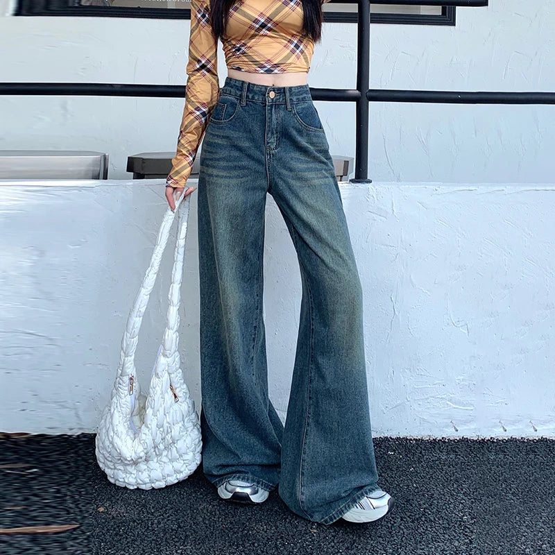 Women's Jeans Denim Pants 2025 Euramerican High Waist Girl Style Jean Trousers Colorful Straight Leg Wide Leg Pants