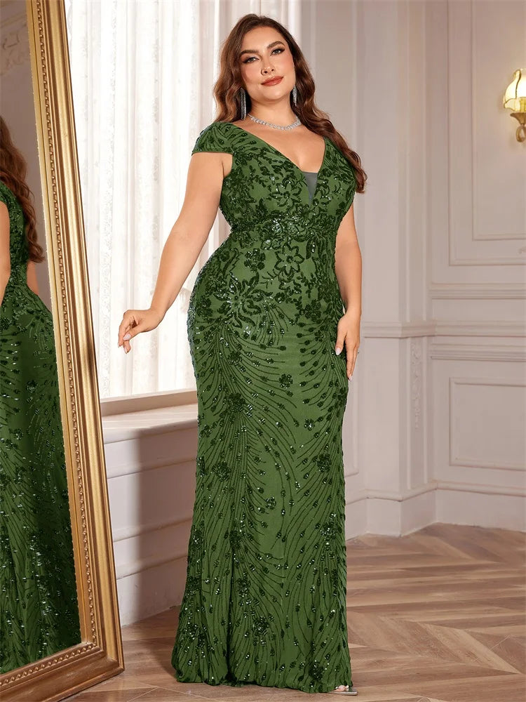 Plus Size Elegant Blue Evening Dress For Women 2024 Luxury Long Mermaid Formal Sequins V-neck Prom Wedding Party Gown