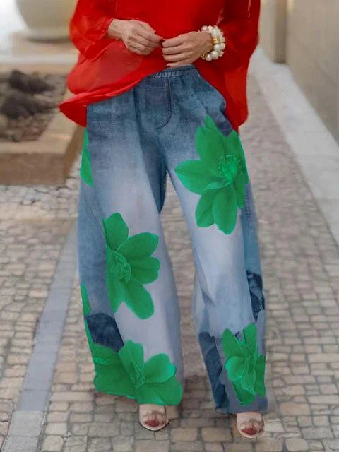 Casual Flower Printing Jeans For Woman 2025 Streetwear Wide-leg Pants Elastic Waist Pockets Denim Trousers Bottoms 179536