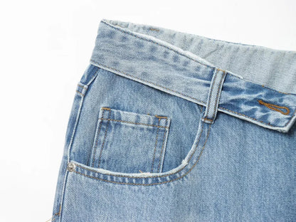 ETJ 2025 women's new street fashion fold waist mid waist washed ripped jeans loose version of the floor-length pants