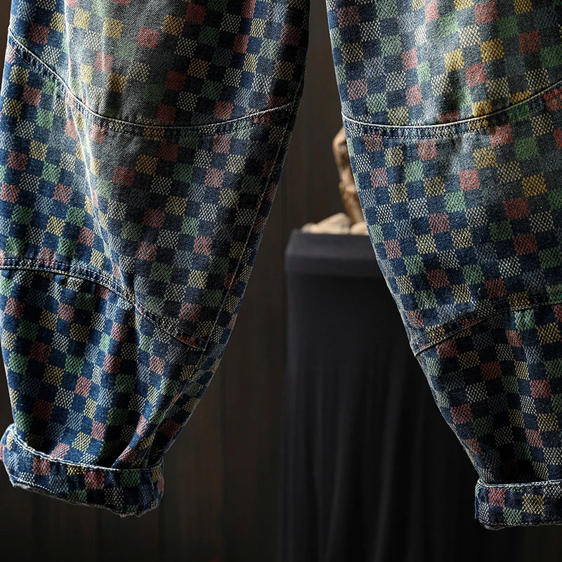 Women Casual Boyfriend Jeans New Arrival 2025 Autumn Vintage Style Plaid Pattern Loose Female Denim Harem Pants M1854