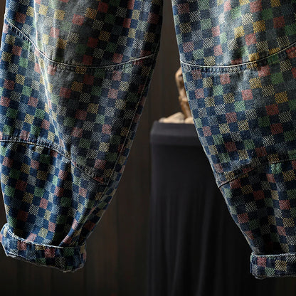 Women Casual Boyfriend Jeans New Arrival 2025 Autumn Vintage Style Plaid Pattern Loose Female Denim Harem Pants M1854