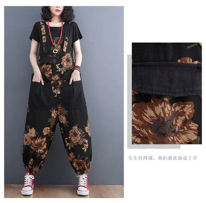 Women's Nine Split Jeans Overalls, Casual Female Print Jumpsuit, Loose Bloomers, Oversized Rompers, Suspenders, Fashion, Spring,