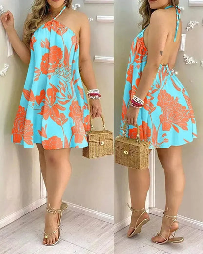 Dresses For Woman 2025 Sexy Sleeveless Backless Short Mini Dress Loose Halter Neck Print Beach Sundress Floral Vestidos S-3XL
