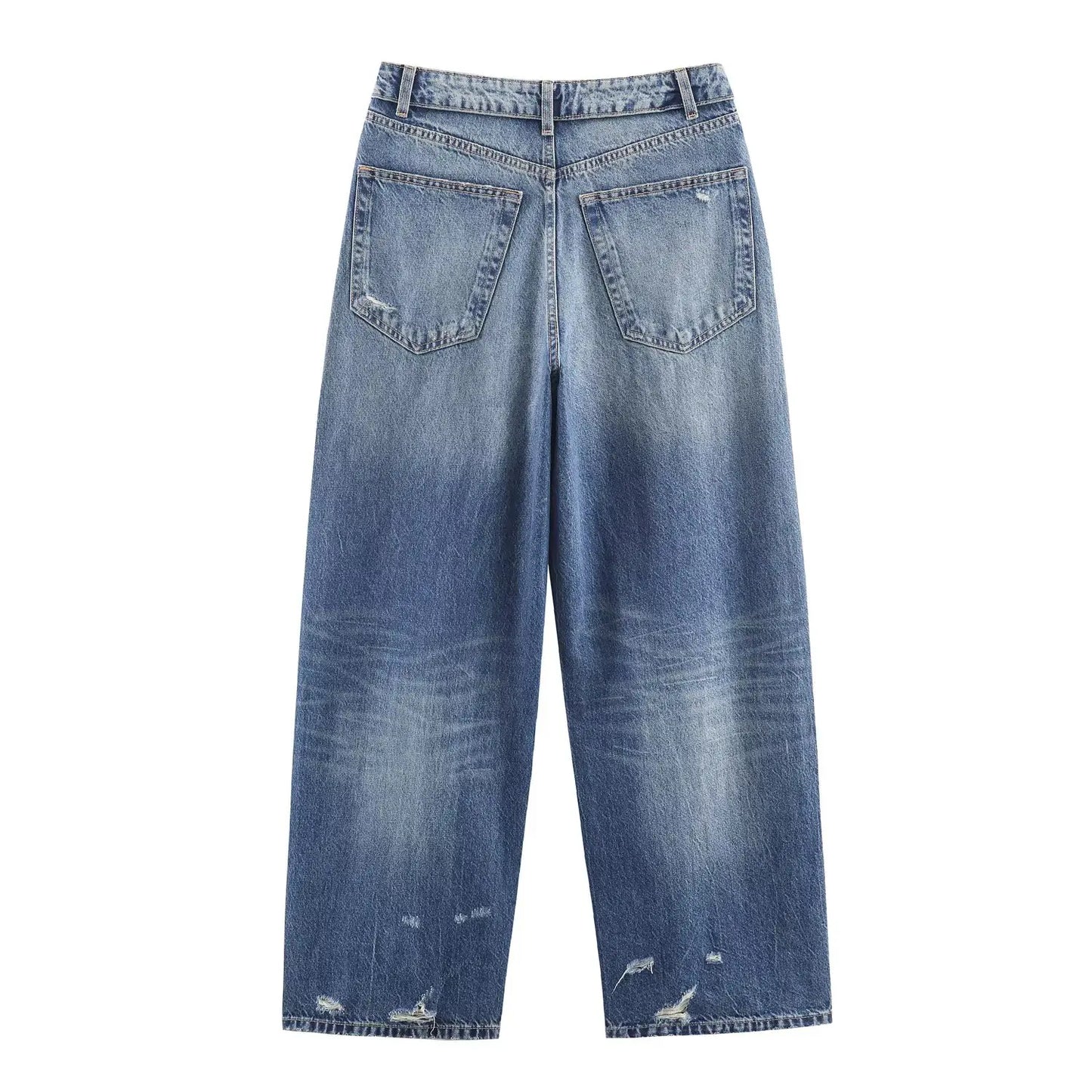 HH Women's 2025 New Fashion Retro Versatile Mid-Waist Turn-Down Jeans Female High Street Casual Ripped Decorative Wide Leg Pants