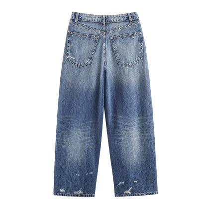 HH Women's 2025 New Fashion Retro Versatile Mid-Waist Turn-Down Jeans Female High Street Casual Ripped Decorative Wide Leg Pants