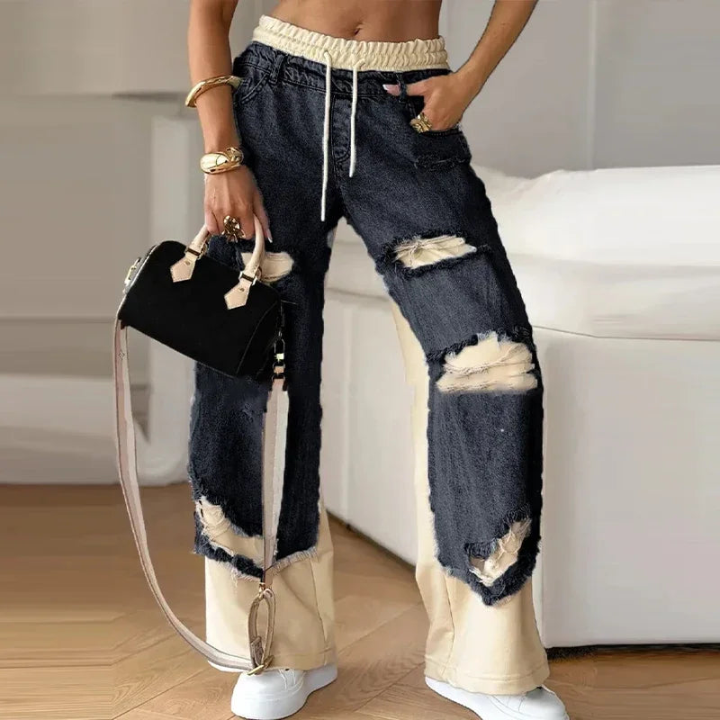 Casual Patchwork Jeans Women Loose Drawstring Low Waist Pockets Zipper Straight Leg Pants 2025 Spring Summer Street Lady Trouser