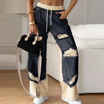 Casual Patchwork Jeans Women Loose Drawstring Low Waist Pockets Zipper Straight Leg Pants 2025 Spring Summer Street Lady Trouser