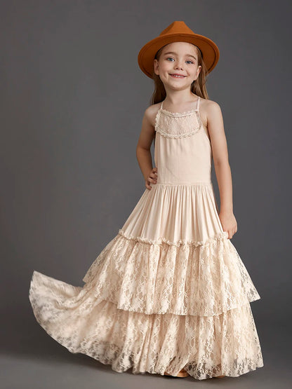 Plus Size Princess Girls Lace Long Dresses Baby Kids Flower Wedding Christmas Party Vestidos Children Clothing For 3-15 Years