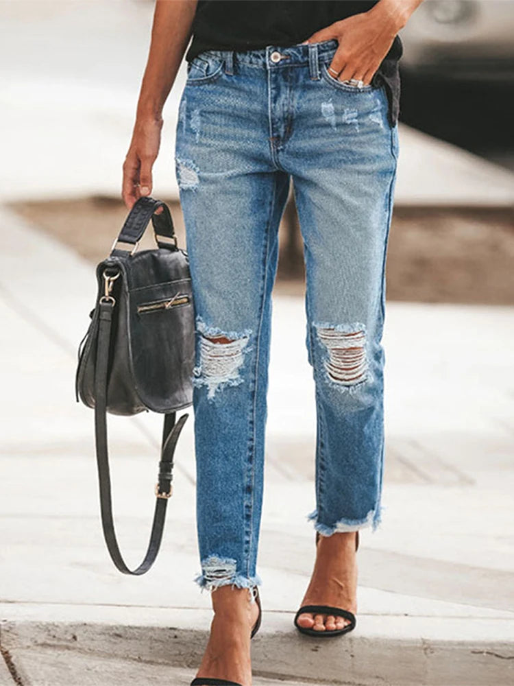 Casual Straight Jeans Women High Waisted Washed Skinny Ripped Slim Denim Pants 2025 Autumn Fashion Trend Commute Lady Trousers
