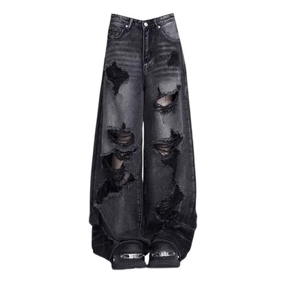High Street Vintage Black Ripped Jeans Fashion Wide Leg Pants Women'S High Waisted Straight Leg Pants Baggy Pants Y2k Jeans