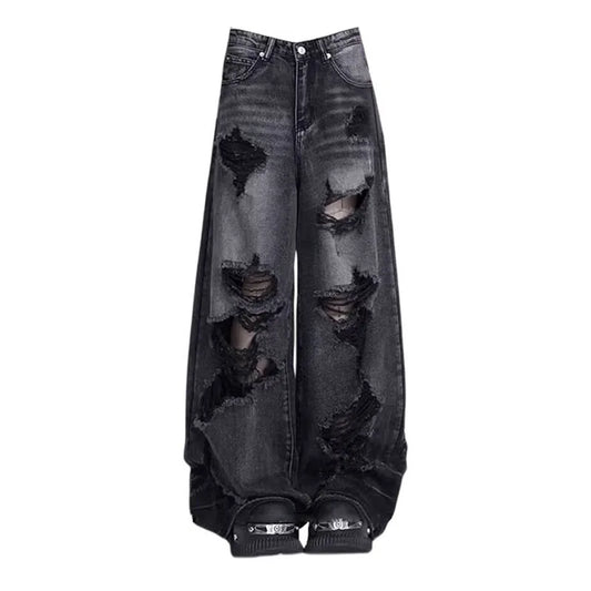 High Street Vintage Black Ripped Jeans Fashion Wide Leg Pants Women'S High Waisted Straight Leg Pants Baggy Pants Y2k Jeans