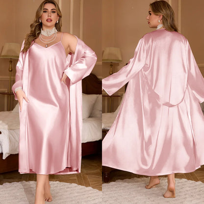 Women Big Size 3Xl 4Xl 5Xl Robe Set Bride Wedding Dress Bathrobe Gown Sexy Spaghetti Strap Pajamas 2Pcs Nightgown Lingerie