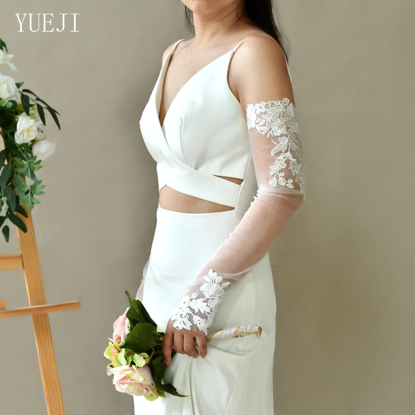 YUEJI Bridal Wedding Mesh Elbow Length Fingerless Gloves High Quality Handmade Lace Embroidery Stage Performance Props VM46