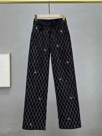 Fashion Women's Jeans High Waist One Side Plaid Shape Diamonds Wide Leg Denim Pants 2025 New Classic Straight Trousers
