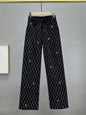 Fashion Women's Jeans High Waist One Side Plaid Shape Diamonds Wide Leg Denim Pants 2025 New Classic Straight Trousers