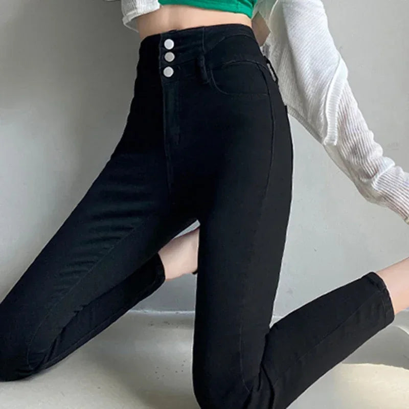 New Women's High Waist Stretch Jeans Blue Black Gray Fashionable and Versatile Multi-button Popular Slim Denim Long Pants Female