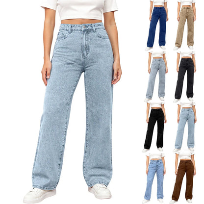 Women'S Straight Jeans Solid Color Distressed High Waist Design Retro Trousers American Hot Girl Style Pants Daily Street Wear