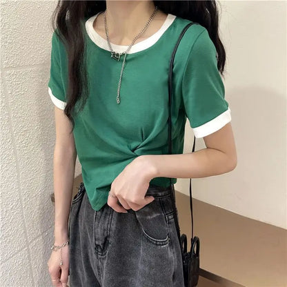 Women's Tops Trendy French Niche Girls T-shirts Chic Irregular Splicing Contrasting Colors Korean Style Modification Ins Style
