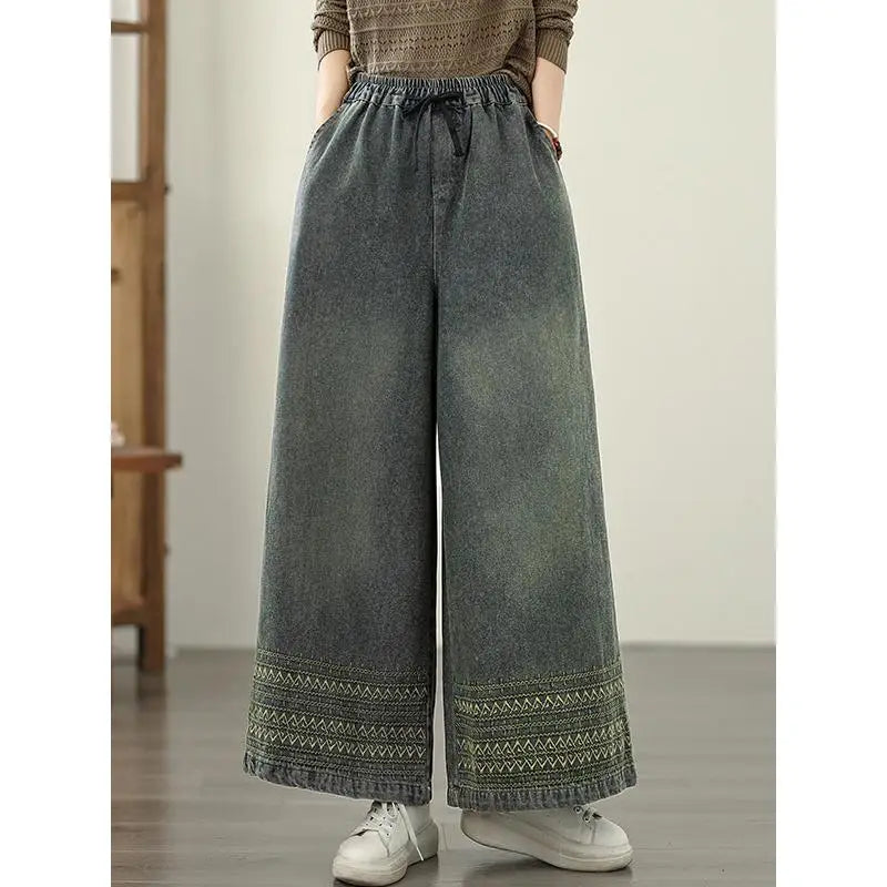 Jeans Women 2025 Autumn New Jeans Retro Heavy Industry Embroidery Ethnic Style Elastic Waist Casual Oversized Wide Leg Pants