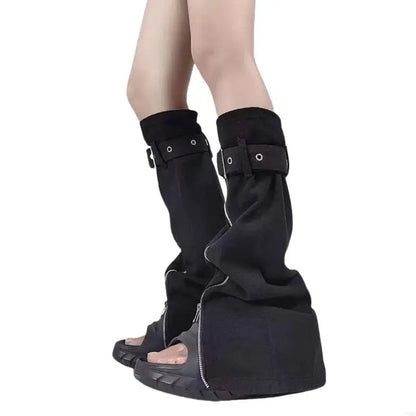 Women Jeans Black Leg Warmers with Buckled Straps Punk Denims Flared Boot Cover Slit Zippers Baggy Long Socks Streetwear