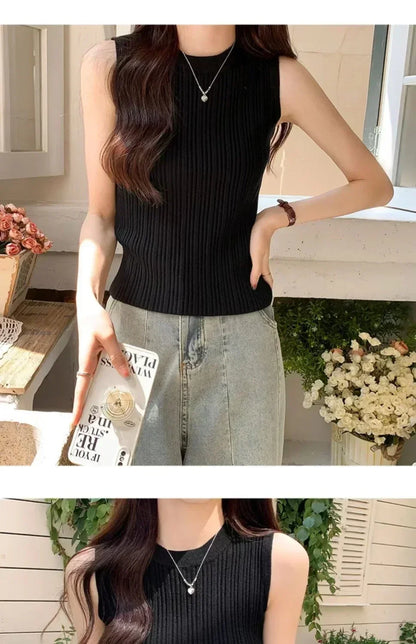 Sleeveless Blouse Shirt Women O-neck Rib Knit Vest Tank Plain Vest Tops Summer Female Basic Casual Tops Outfit