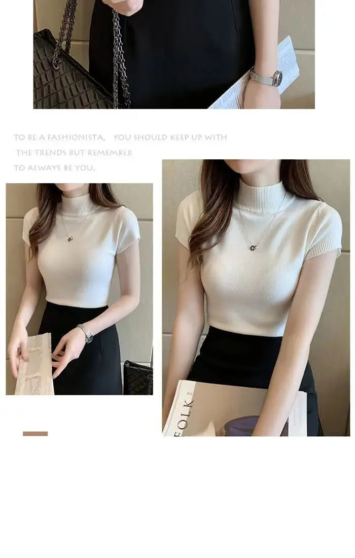 Womens Tops And Blouses Summer Short Sleeve Blouse Women Blusas Mujer De Moda 2023 Turtleneck Knitted Blouse Shirt Tops