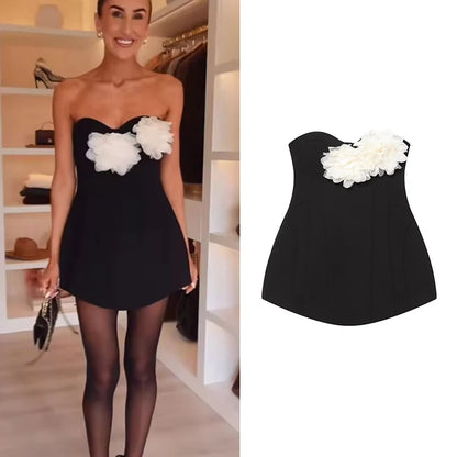 Women's Short Dress Fashion Flower Decorated Strapless Dress Sexy Women Mini Dresses Female Elegant Party Dresses