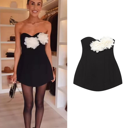 Women's Short Dress Fashion Flower Decorated Strapless Dress Sexy Women Mini Dresses Female Elegant Party Dresses