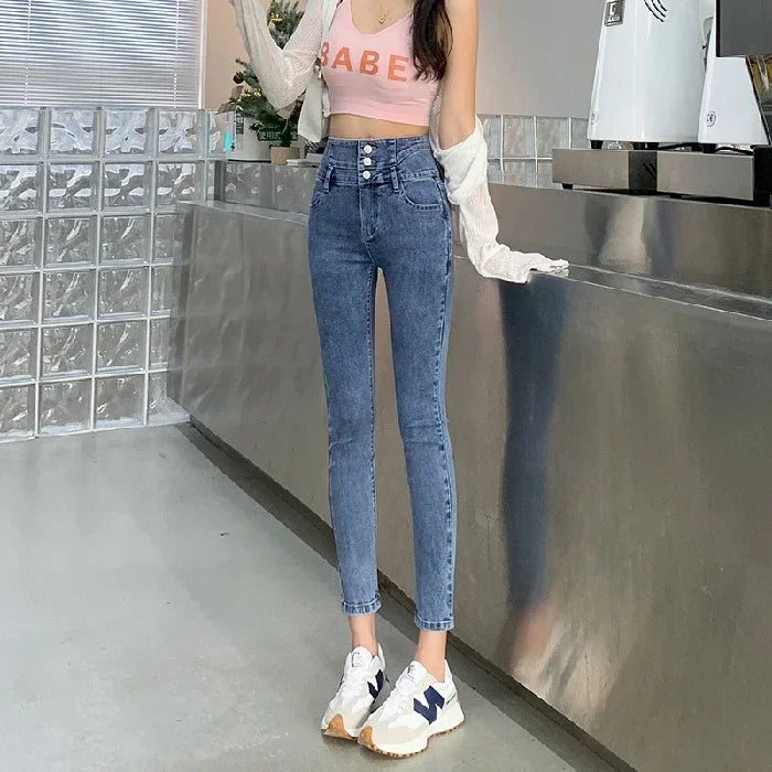 New Women's High Waist Stretch Jeans Blue Black Gray Fashionable and Versatile Multi-button Popular Slim Denim Long Pants Female