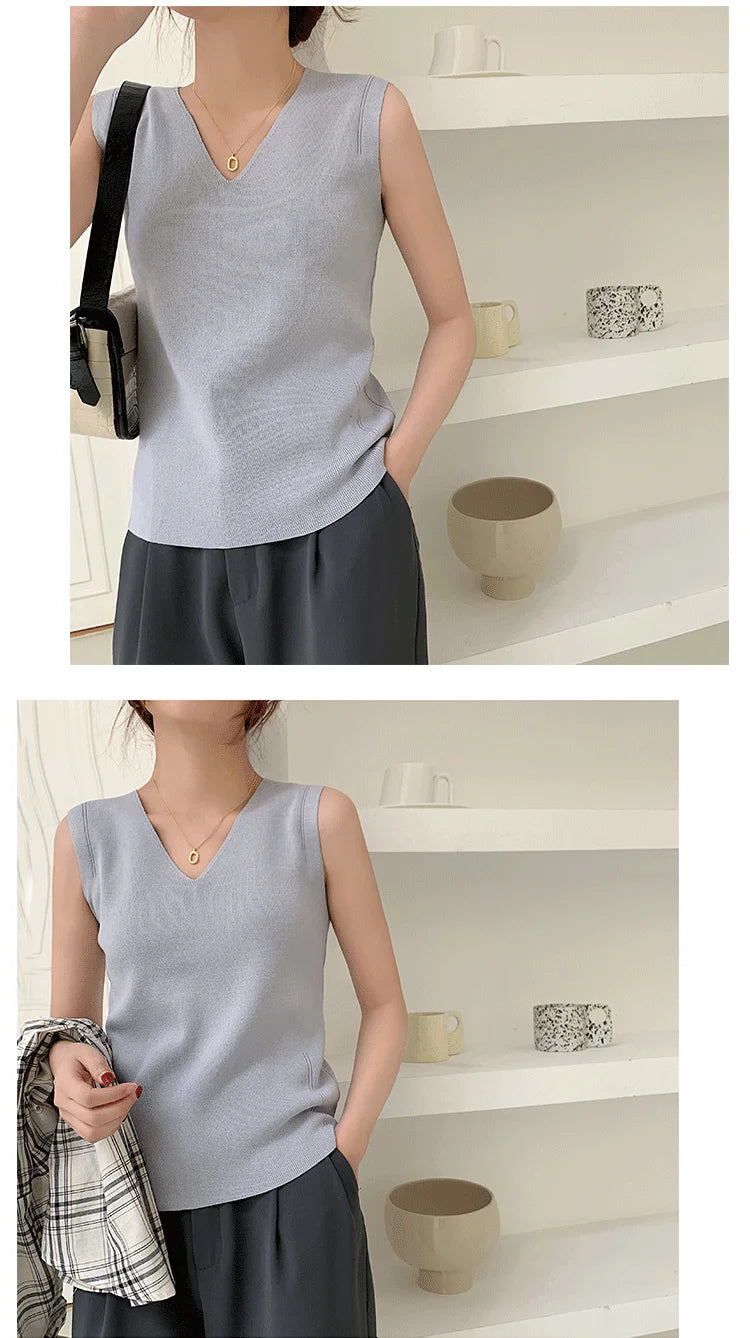 AOSSVIAO 2025 Summer Women Knitted Tank Tops Women Thin Tops Basic Casual Tank Tops V-neck Tees Sleeveless Tops For Women