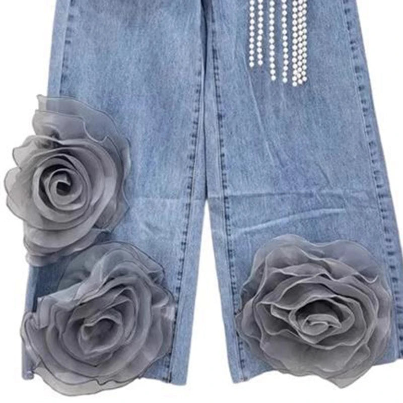 Women's High Waist Wide-Leg Casual Jeans Trousers Summer 2025 Loose Fit Joker Design Three-Dimensional Flower Wide-Leg Pants