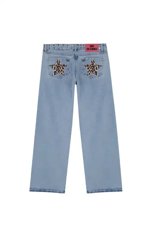 Gothic Womens ONE DILEMMA Jeans Y2K Clothes Hip Hop Five Pointed Star Sequin Rivet Fashion Casual Baggy Jeans Straight Trousers
