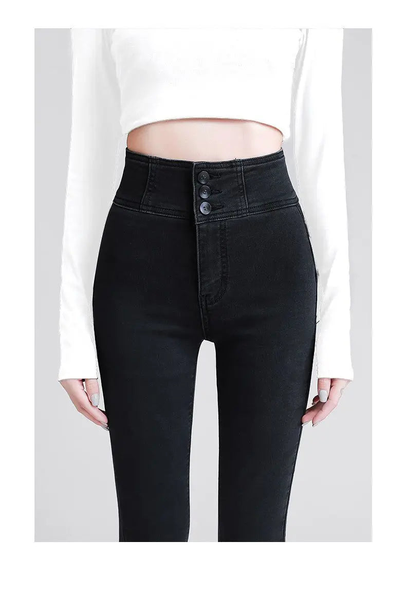 Korean Women High Waist Skinny Jeans Spring Autumn Streetwear Fashion Slim Trousers Denim Solid Button Casual Pencil Pants 2022