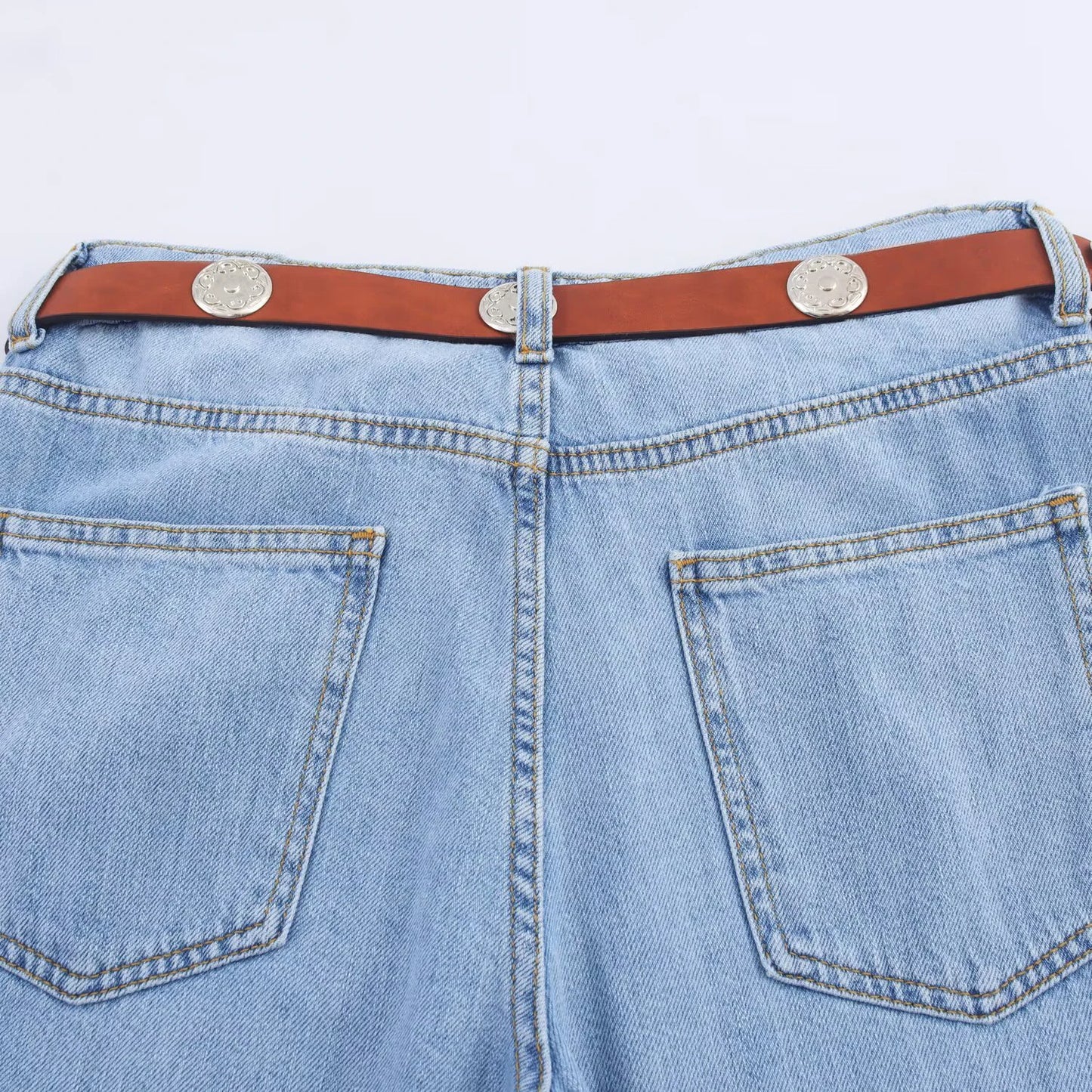 Women's European and American style layered denim vest top with belt high waisted straight leg jeans set