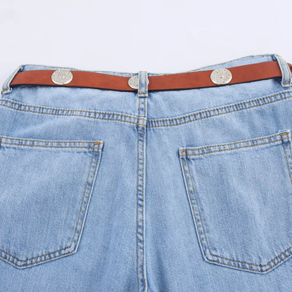 Women's European and American style layered denim vest top with belt high waisted straight leg jeans set