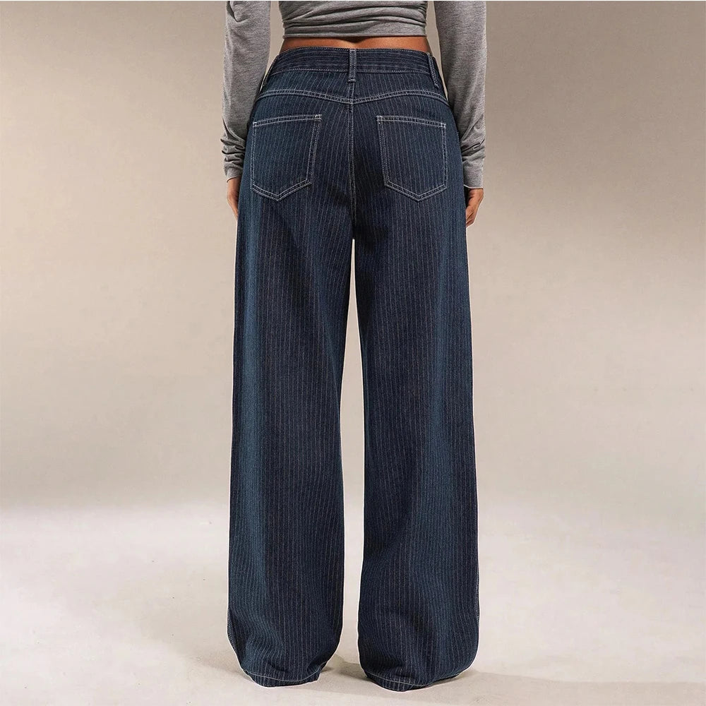 Women Mid Waist Jeans Spring Autumn Daily Matching Comfy Loose Wide Leg Trousers Fashion Stripe Straight Leg Denim Fabric Pants