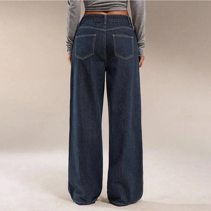Women Mid Waist Jeans Spring Autumn Daily Matching Comfy Loose Wide Leg Trousers Fashion Stripe Straight Leg Denim Fabric Pants