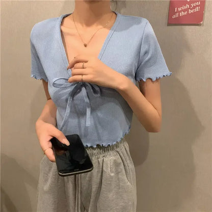 Tops Woman Short Sleeve T Shirt for Women V Neck New in Knitwears Plain Sexy Crop Korean Fashion Reviews Clothes Many Polyester