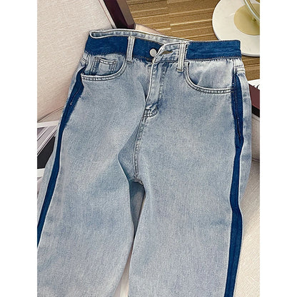 Oversize Straight Loose Jeans for Women Fashion High Waist Contrast Color Blue Denim Pants Streetwear Wide Leg Trousers